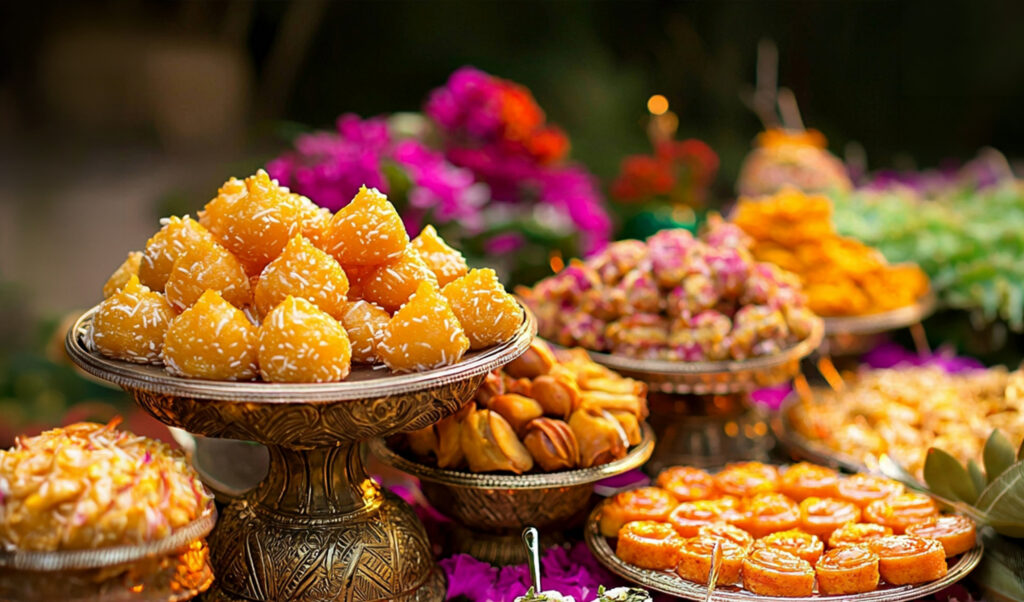 Assorted desserts and sweets displayed on ornate trays at a catering event